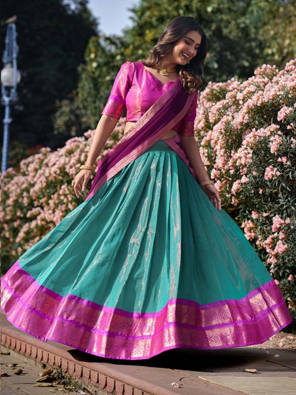 Lorenvalley Skyblue Kanchipuram Zari Weaving Work Lehenga Choli with Dupatta Supply