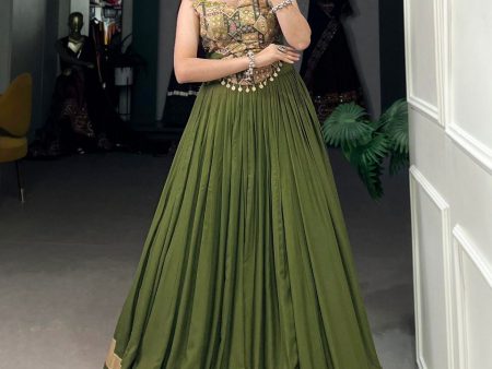 Lorenvalley Pure Rayon Green Plain With Embossed Design Lace Touch Up Lehenga Choli Sale