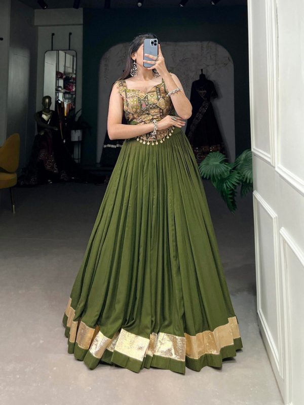 Lorenvalley Pure Rayon Green Plain With Embossed Design Lace Touch Up Lehenga Choli Sale