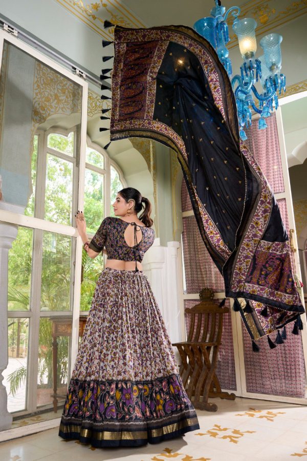 Lorenvalley Black Tussar Silk Floral Print with Foil Print Lehenga Choli with Dupatta For Sale