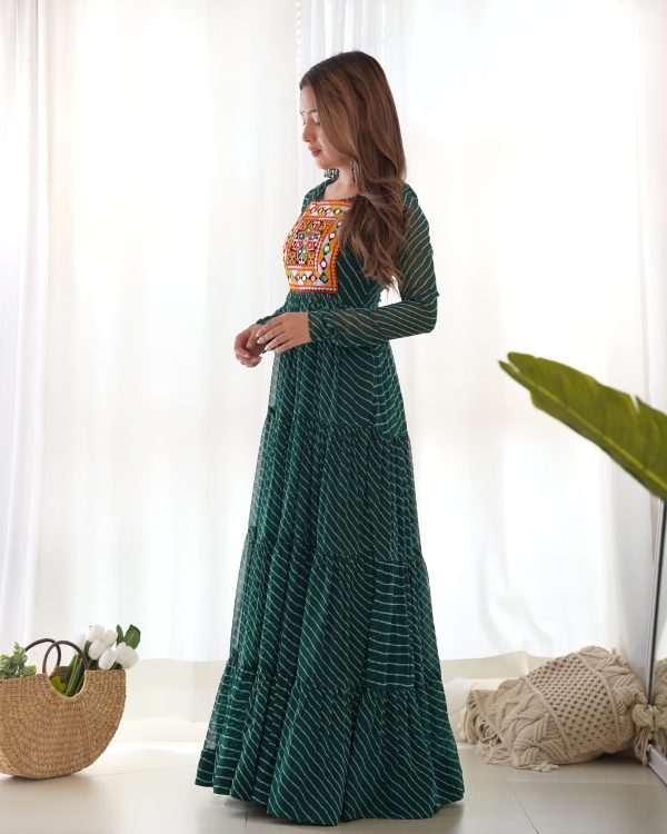 Lorenvalley Women Pure Soft Faux Georgette Leheriya Print Anarkali Gown - Green Online Hot Sale