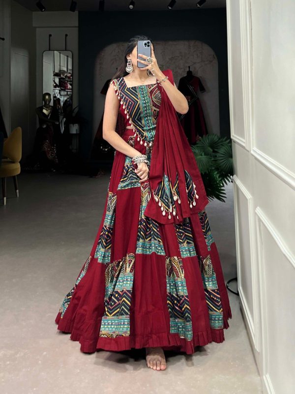 Lorenvalley Pure Cotton Maroon Plain And Printed With Foil Work Lehenga Choli with Dupatta For Discount