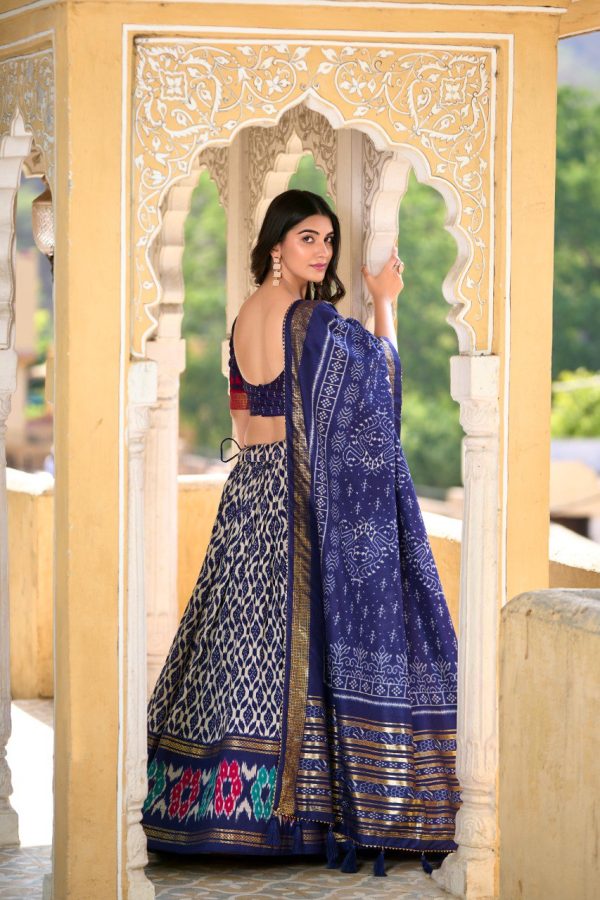 Lorenvalley Blue Tussar Silk Ikkat Print With Foil Work Lehenga Choli with Dupatta Cheap