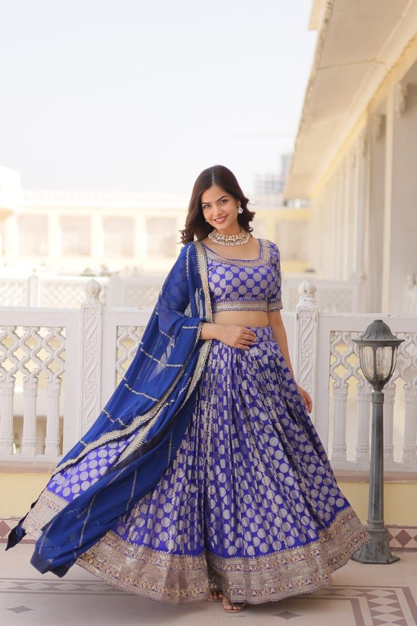 Lorenvalley Blue Pure Viscose Jacquard with Embroidered Sequins work Lehenga Choli For Cheap