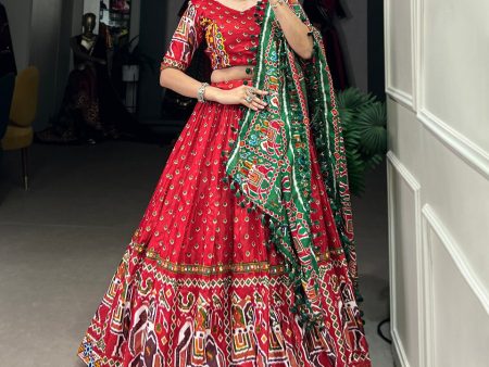 Lorenvalley Red Dola Silk Patola Print With Gamthi Work Lace Border Lehenga Choli with Dupatta Online now