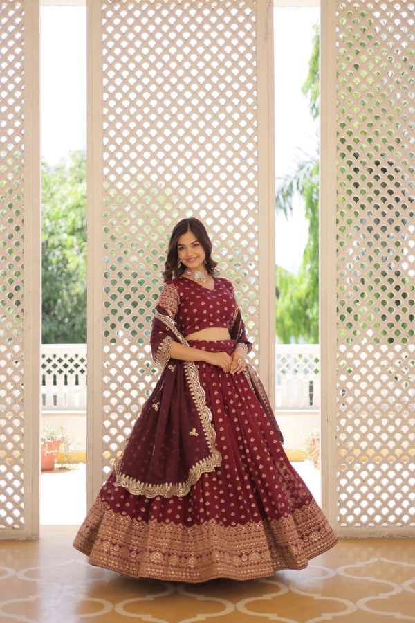 Lorenvalley Maroon Pure Viscose Jacquard with Double Zari work Lehenga Choli Supply