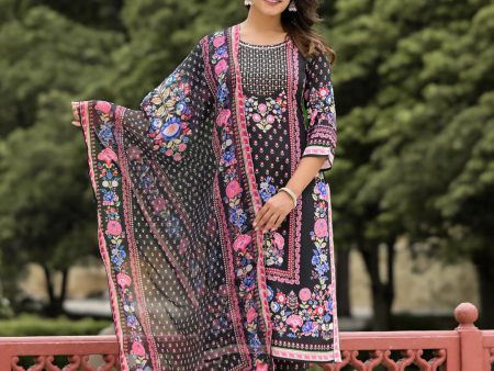 Juniper Women s Black Floral Printed Liva Rayon Kurta Pant And Dupatta Set With Tassels & Sequins Sale