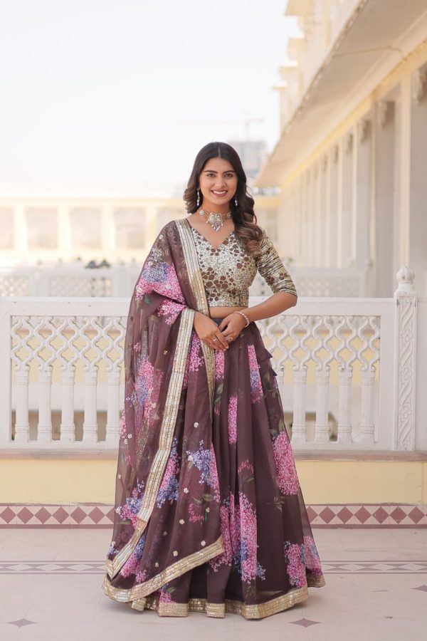 Lorenvalley Brown Russian Silk Digital Printed with Embroidered Sequins work Lehenga Choli Cheap