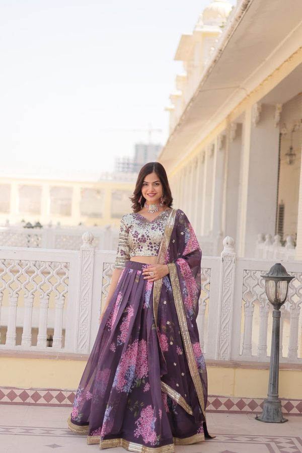 Lorenvalley Purple Russian Silk Digital Printed with Embroidered Sequins work Lehenga Choli Online