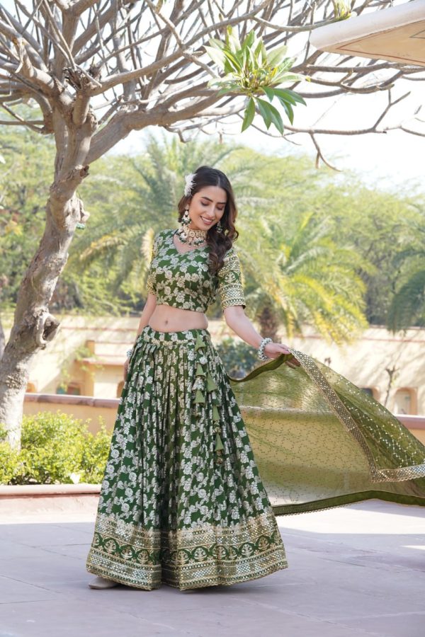 Lorenvalley Green Pure Viscose Jacquard with Embroidered Sequins work Lehenga Choli For Sale