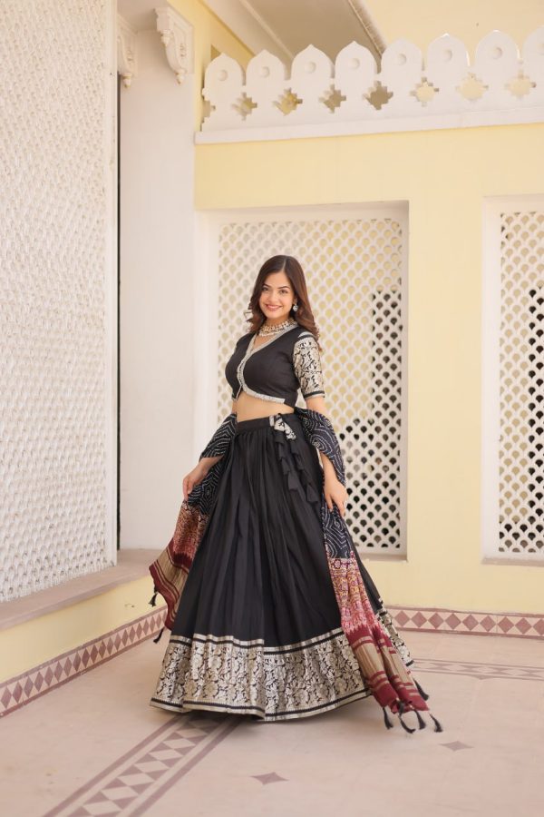 Lorenvalley Black Viscose Jacquard Lehenga Choli with Gajji silk Dupatta For Sale