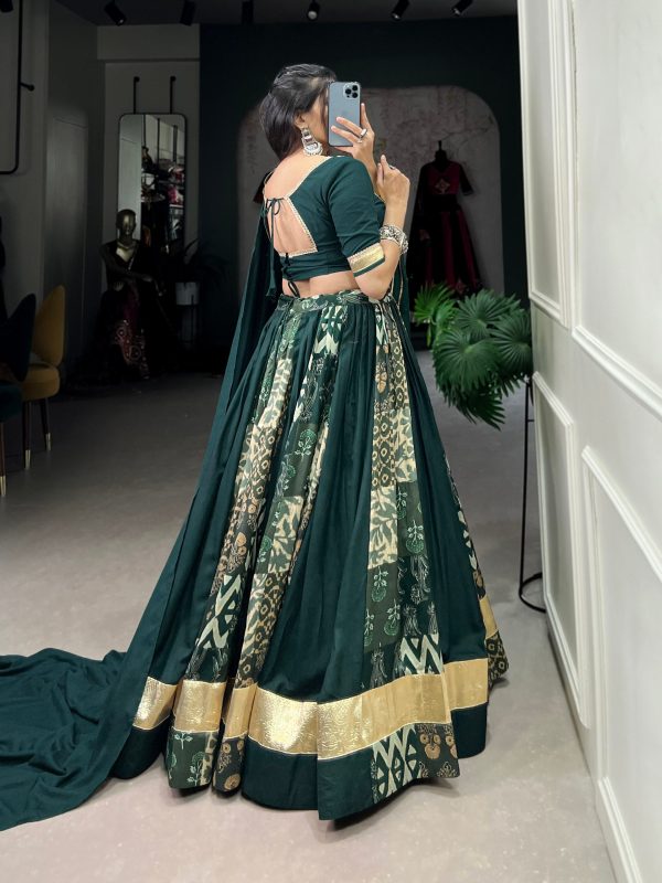 Lorenvalley Green Rayon and Tussar Silk Plain And Printed With Embossed Design Gota Lace Lehenga Choli with Dupatta Online now