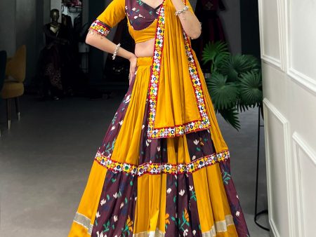 Lorenvalley Rayon with Yellow and Wine Printed Silk Original Mirror Gamthi Work and Embossed Design Gota Lehenga Choli with Dupatta on Sale