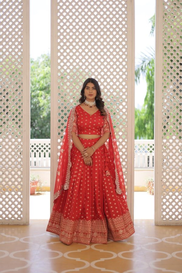 Lorenvalley Red Pure Viscose Jacquard with Double Zari work Lehenga Choli Fashion