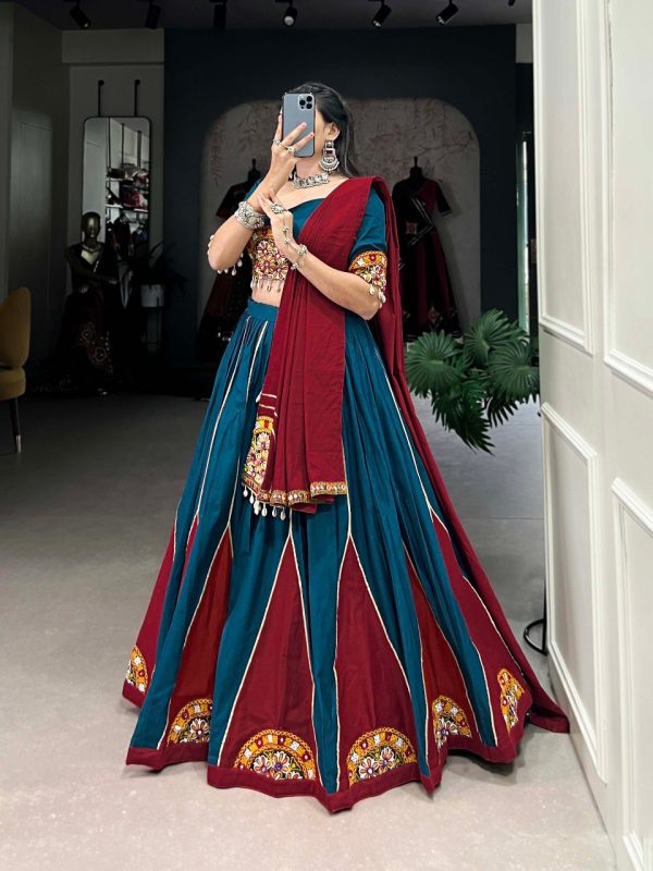 Lorenvalley Rama Pure Cotton Plain And Gamthi Patch Work With Gota Patti Lehenga Choli with Dupatta Sale