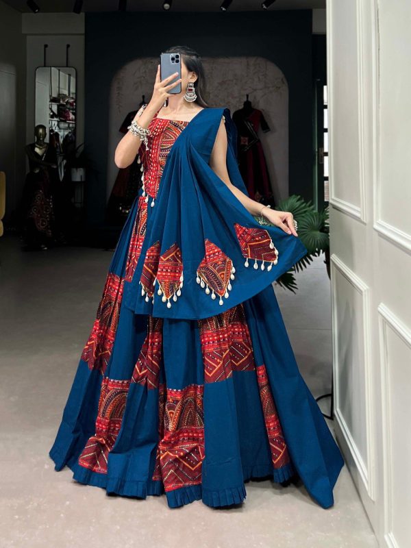 Lorenvalley Pure Cotton Rama Plain And Printed With Foil Work Lehenga Choli with Dupatta Online