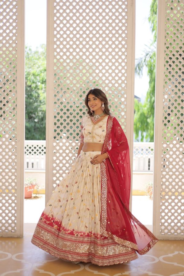 Lorenvalley Cream Pure Viscose Jacquard with 2D Dyeing and Embroidered Sequins work Lehenga Choli For Discount