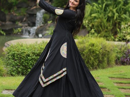 Lorenvalley Black Rayon Fabric With Kutchi Gamthi Lace Gown For Discount