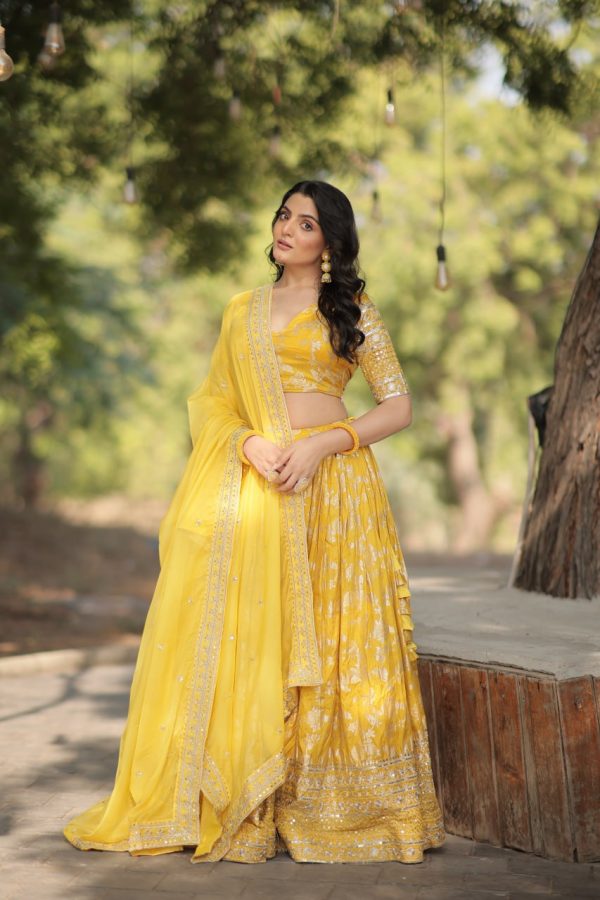 Lorenvalley Yellow Pure Viscose Jacquard with Embroidered Sequins work Lehenga Choli Fashion