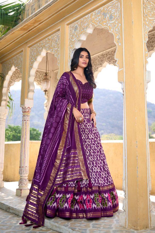 Lorenvalley Purple Tussar Silk Ikkat Print With Foil Work Lehenga Choli with Dupatta Online Sale