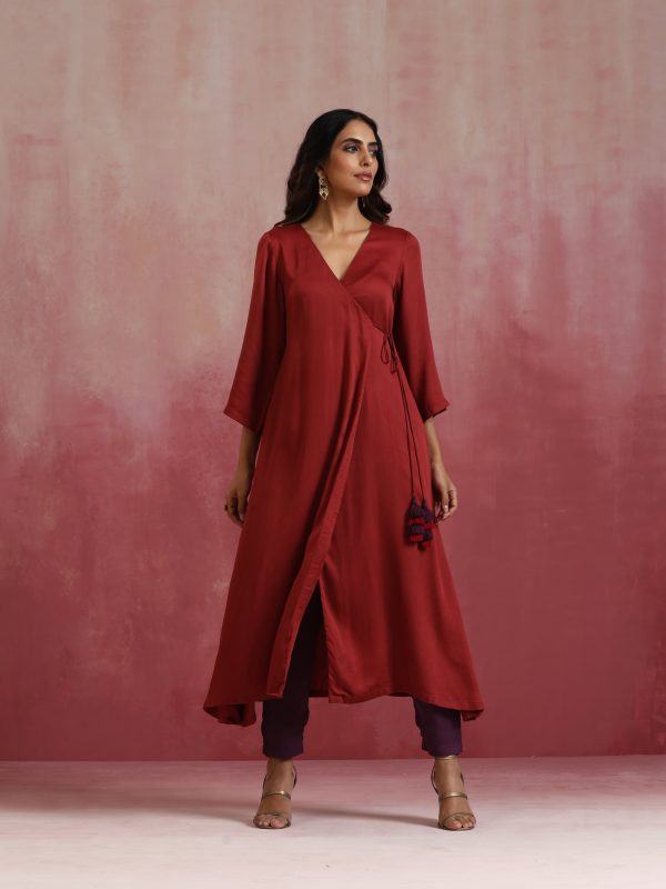 trueBrowns Maroon Modal Angrakha Kurta Set For Sale