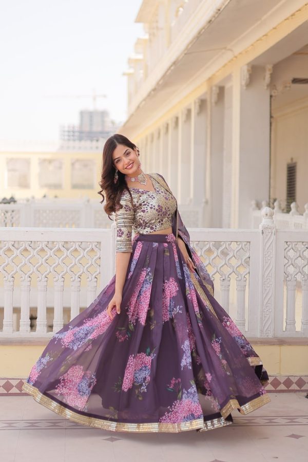 Lorenvalley Purple Russian Silk Digital Printed with Embroidered Sequins work Lehenga Choli Online