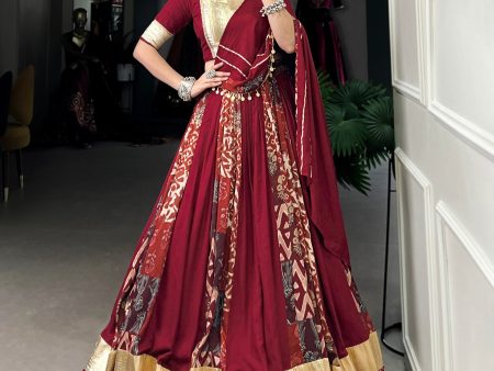 Lorenvalley Rayon and Tussar Silk Maroon Plain And Printed With Embossed Design Gota Lace Lehenga Choli with Dupatta Online