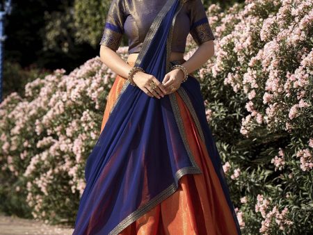 Lorenvalley Orange Kanchipuram Zari Weaving Work Lehenga Choli with Dupatta Online