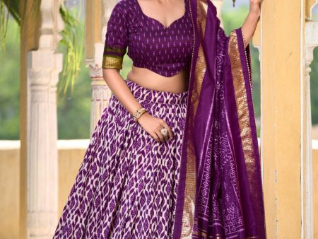 Lorenvalley Purple Tussar Silk Ikkat Print With Foil Work Lehenga Choli with Dupatta Online Sale