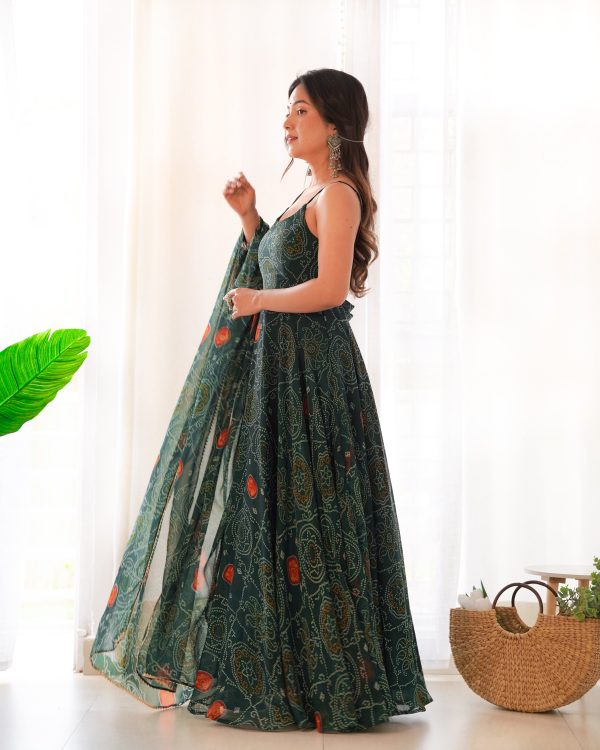 Lorenvalley Women Soft Chiffon Bandhej Fabric Print Fully Flair Anarkali With Pant Dupatta Set - Green Hot on Sale