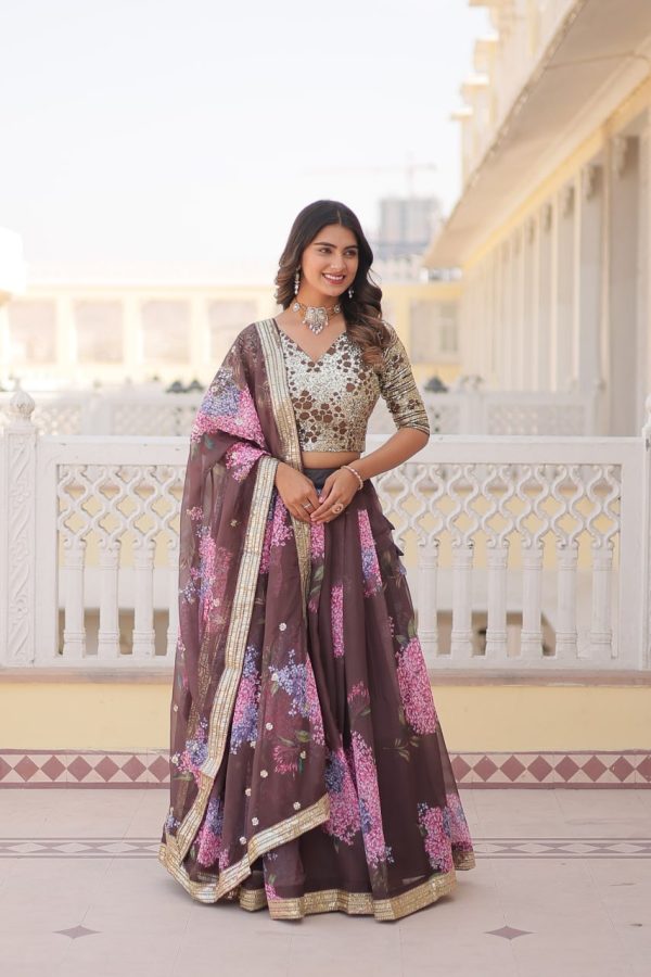 Lorenvalley Brown Russian Silk Digital Printed with Embroidered Sequins work Lehenga Choli Cheap