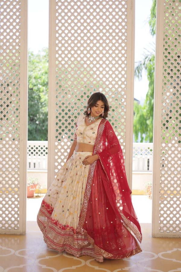 Lorenvalley Cream Pure Viscose Jacquard with 2D Dyeing and Embroidered Sequins work Lehenga Choli For Discount