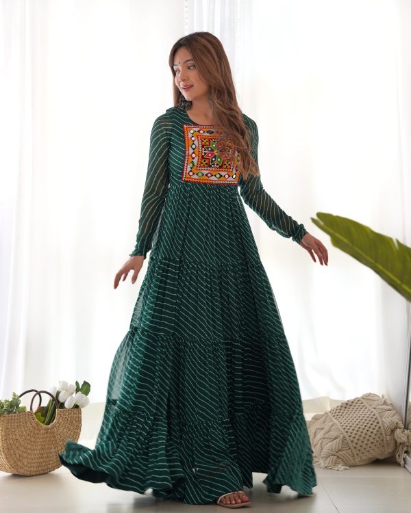 Lorenvalley Women Pure Soft Faux Georgette Leheriya Print Anarkali Gown - Green Online Hot Sale