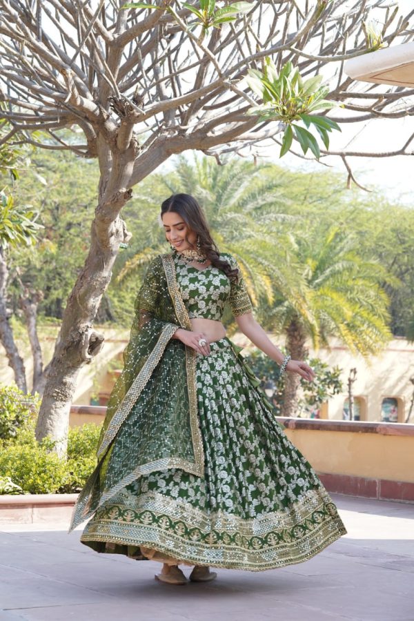 Lorenvalley Green Pure Viscose Jacquard with Embroidered Sequins work Lehenga Choli For Sale