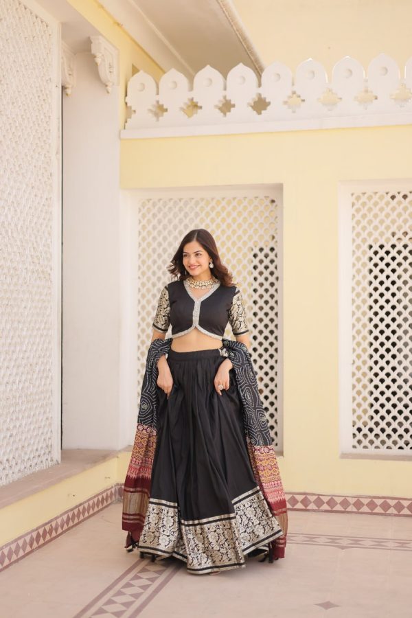 Lorenvalley Black Viscose Jacquard Lehenga Choli with Gajji silk Dupatta For Sale