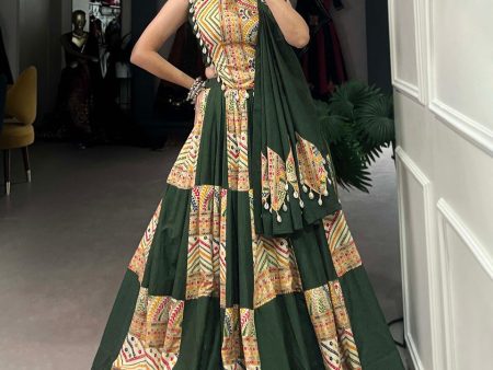 Lorenvalley Green Pure Cotton Plain And Printed With Foil Work Lehenga Choli with Dupatta Discount