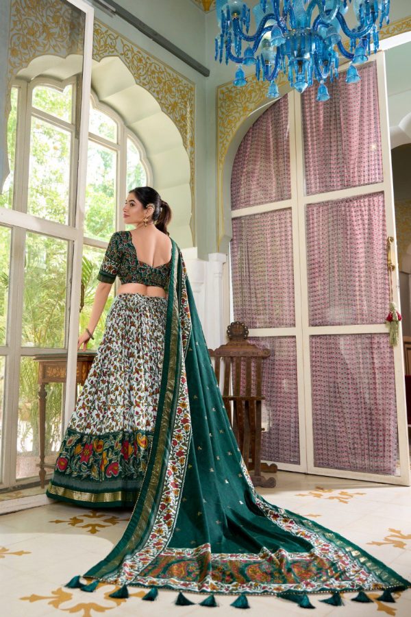 Lorenvalley Green Tussar Silk Floral Print with Foil Print Lehenga Choli with Dupatta Discount