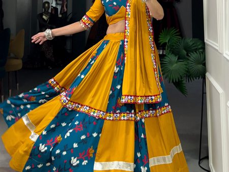 Lorenvalley Rayon Yellow and Rama with Printed Silk Original Mirror Gamthi Work and Embossed Design Gota Lehenga Choli with Dupatta Cheap