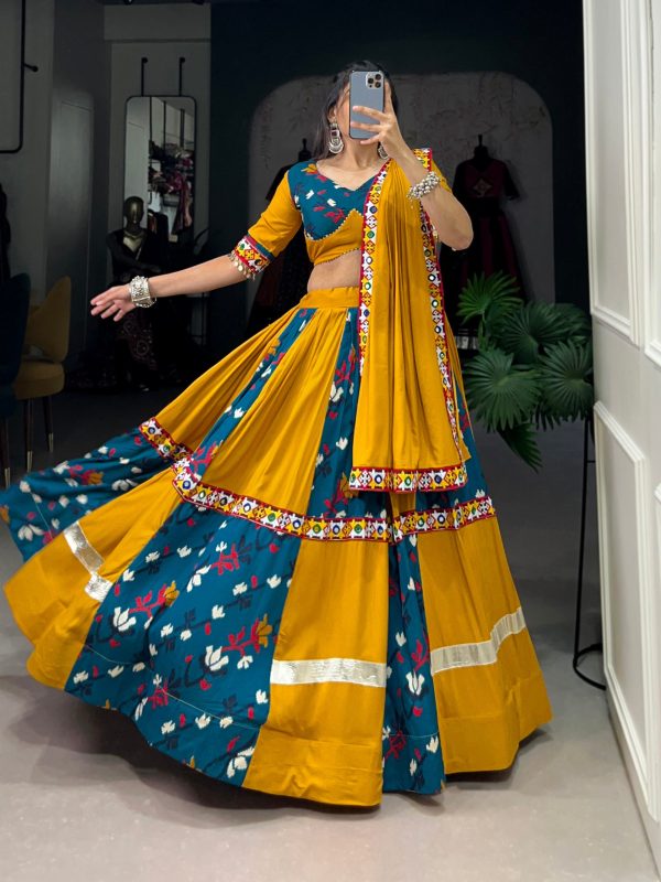 Lorenvalley Rayon Yellow and Rama with Printed Silk Original Mirror Gamthi Work and Embossed Design Gota Lehenga Choli with Dupatta Cheap