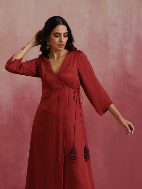 trueBrowns Maroon Modal Angrakha Kurta Set For Sale