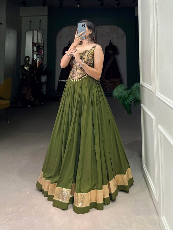 Lorenvalley Green Pure Rayon Plain With Embossed Design Lace Touch Up Lehenga Choli Fashion