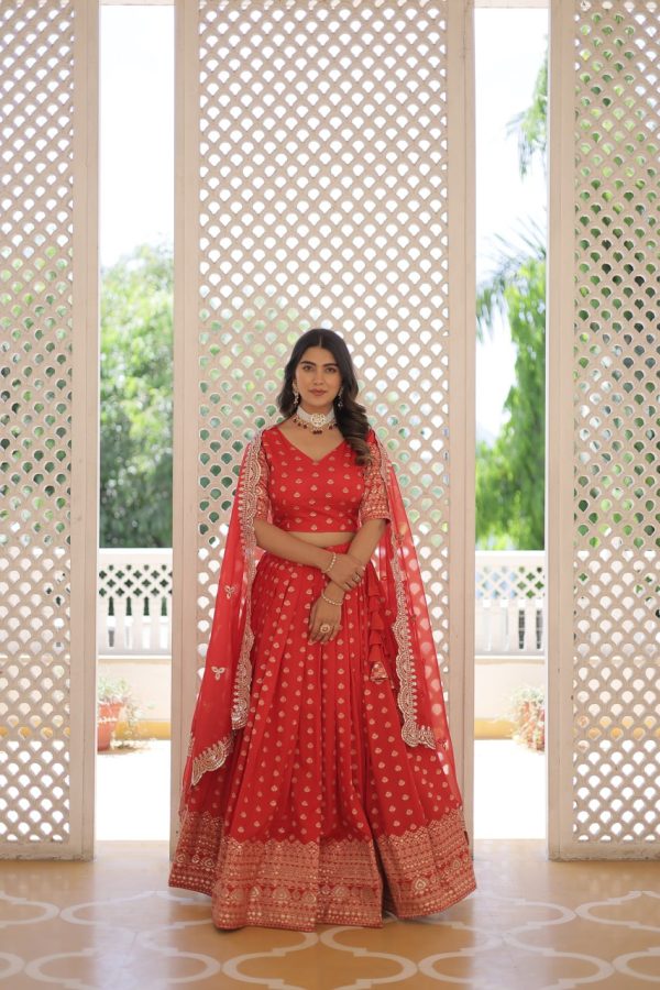 Lorenvalley Red Pure Viscose Jacquard with Double Zari work Lehenga Choli Fashion