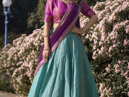 Lorenvalley Skyblue Kanchipuram Zari Weaving Work Lehenga Choli with Dupatta Supply