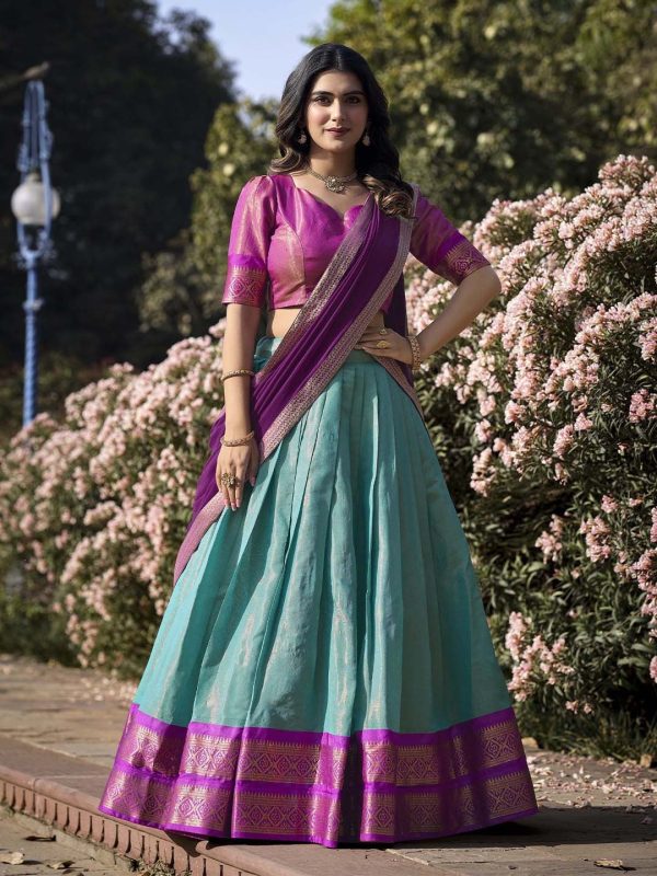 Lorenvalley Skyblue Kanchipuram Zari Weaving Work Lehenga Choli with Dupatta Supply