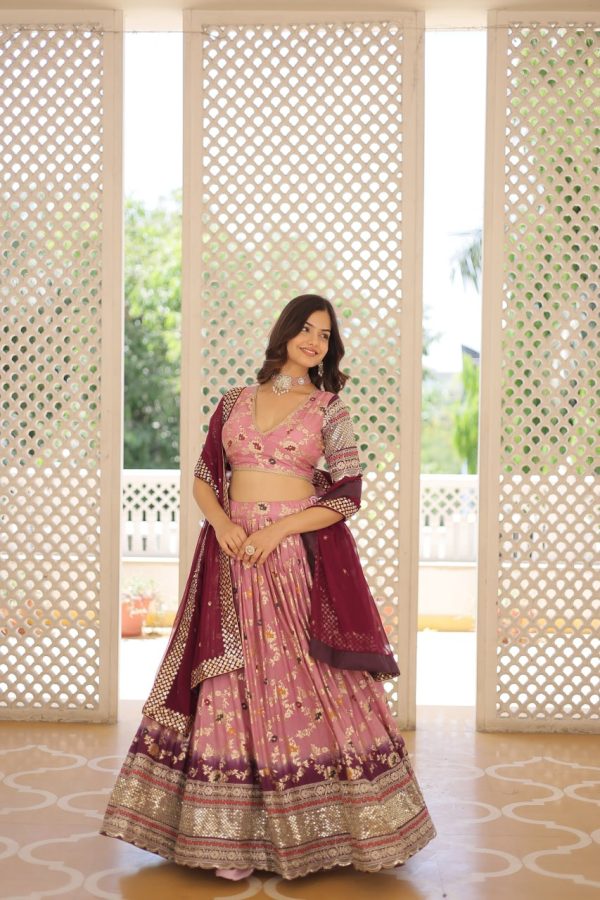 Lorenvalley Pink Pure Viscose Jacquard with 2D Dyeing and Embroidered Sequins work Lehenga Choli Online Hot Sale