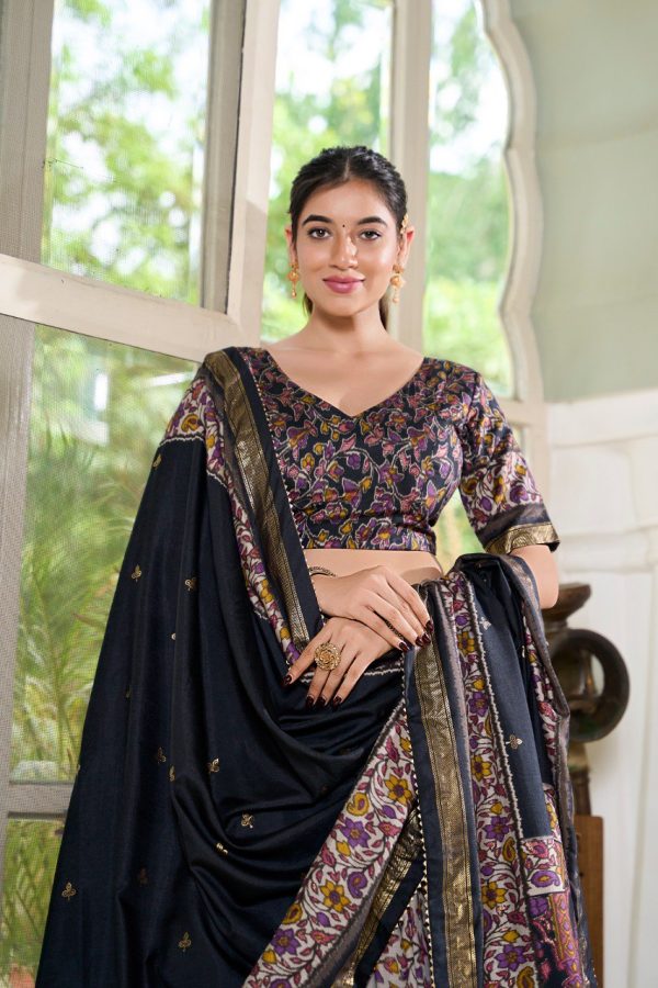 Lorenvalley Black Tussar Silk Floral Print with Foil Print Lehenga Choli with Dupatta For Sale