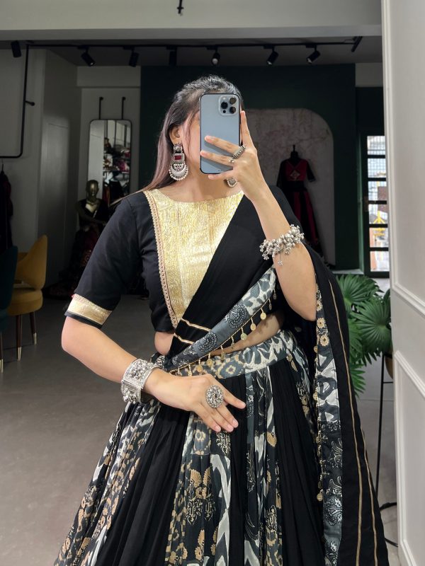 Lorenvalley Black Rayon and Tussar Silk Plain And Printed With Embossed Design Gota Lace Lehenga Choli with Dupatta Sale