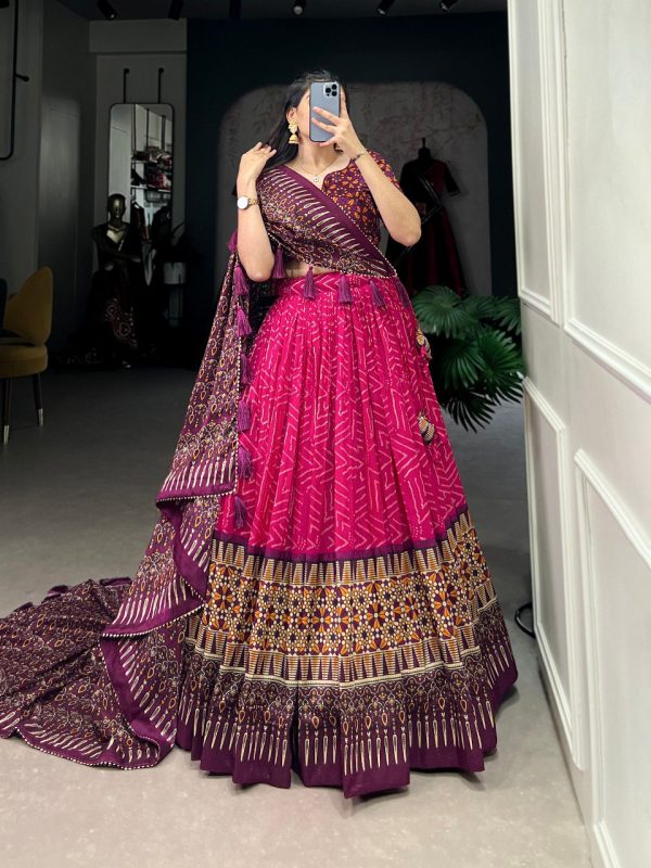 Lorenvalley Pink Tussar Silk Bandhej And Ajarakh Print Lehenga Choli with Dupatta Online Hot Sale