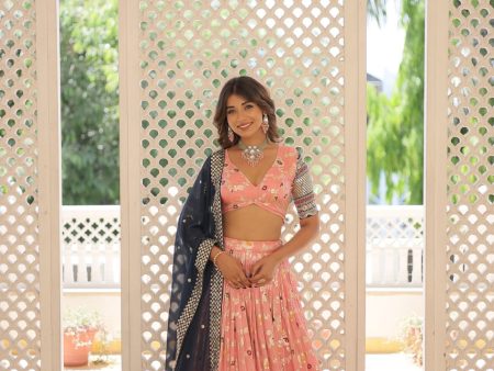 Lorenvalley Peach Pure Viscose Jacquard with 2D Dyeing and Embroidered Sequins work Lehenga Choli For Cheap