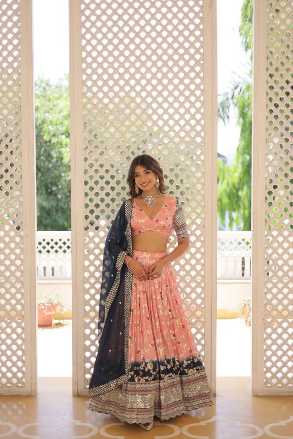 Lorenvalley Peach Pure Viscose Jacquard with 2D Dyeing and Embroidered Sequins work Lehenga Choli For Cheap